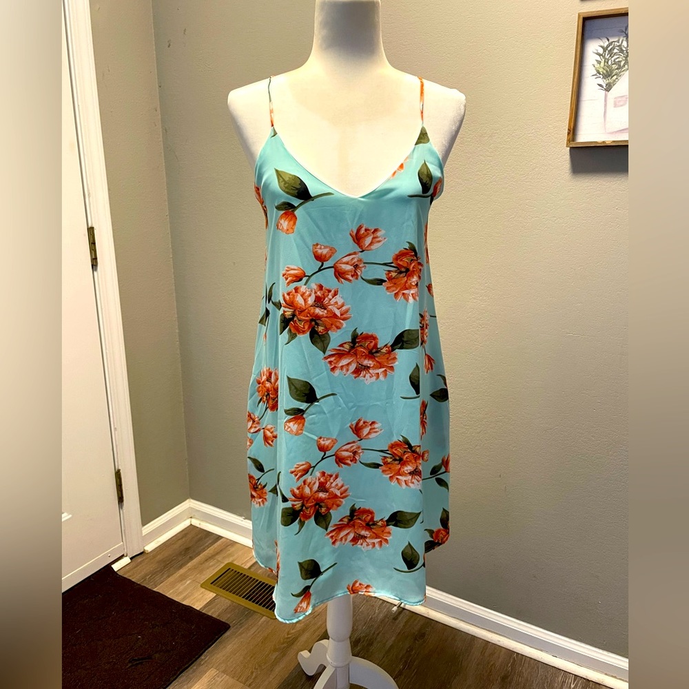 Floral Slip Midi Dress in Aqua with Coral Blooms